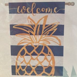 Decorative welcome house flag with stripes and gold pineapple